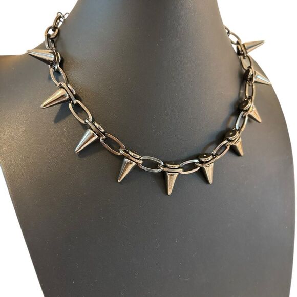 Edgy Silver Spike Gun Metal Necklace - Picture 2 of 5